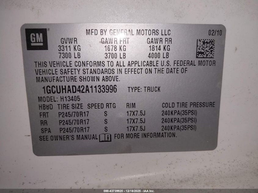 2010 Chevrolet Express 1500 Work Van VIN: 1GCUHAD42A1133996 Lot: 43739920