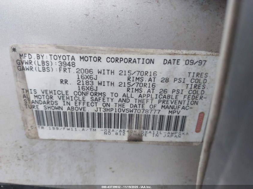 1998 Toyota Rav4 VIN: JT3HP10V5W7078777 Lot: 43739932