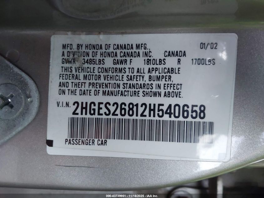 2002 Honda Civic Ex VIN: 2HGES26812H540658 Lot: 43739951