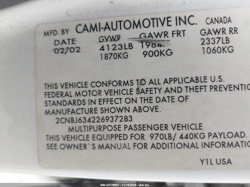 2002 Chevrolet Tracker Hard Top Lt VIN: 2CNBJ634226937283 Lot: 43739957