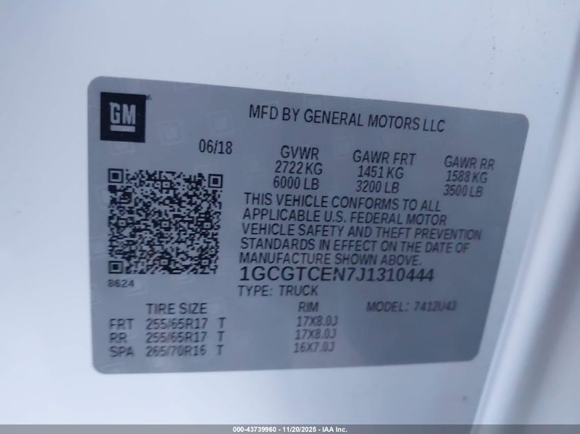 2018 Chevrolet Colorado Lt VIN: 1GCGTCEN7J1310444 Lot: 43739960