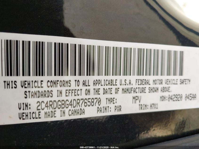 2013 Dodge Grand Caravan Se VIN: 2C4RDGBG4DR765870 Lot: 43739961