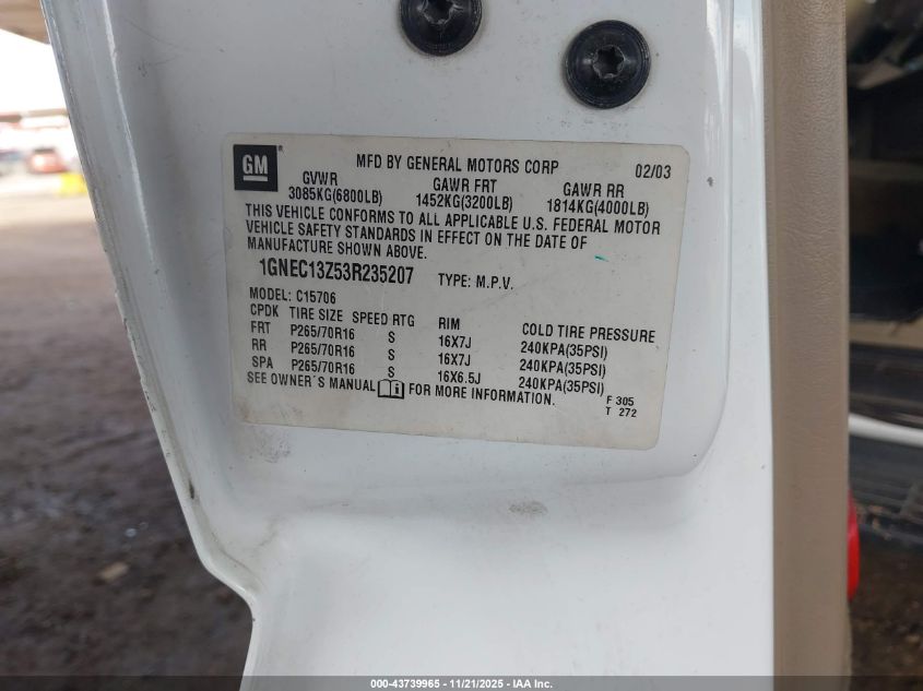 2003 Chevrolet Tahoe Ls VIN: 1GNEC13Z53R235207 Lot: 43739965