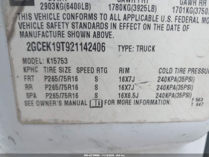 2002 Chevrolet Silverado 1500 Ls VIN: 2GCEK19T921142406 Lot: 43739966