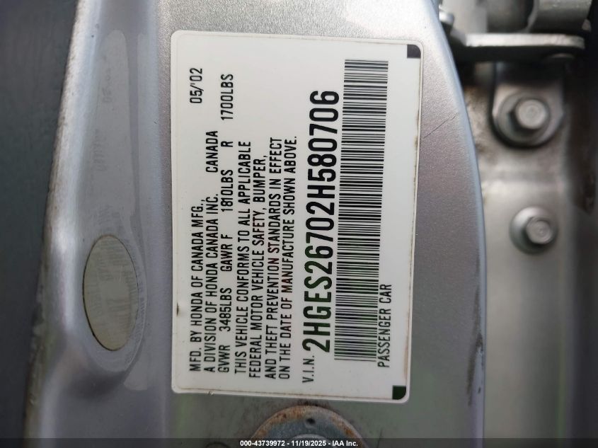 2002 Honda Civic Ex VIN: 2HGES26702H580706 Lot: 43739972