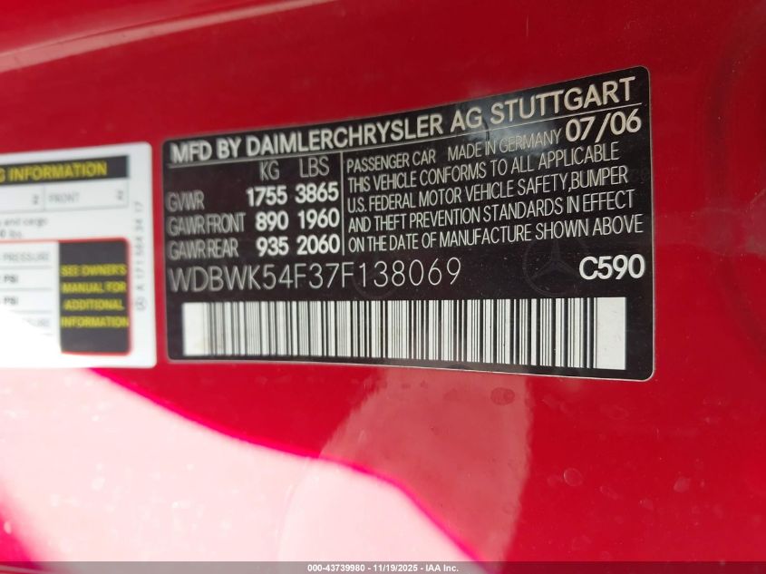 2007 Mercedes-Benz Slk 280 VIN: WDBWK54F37F138069 Lot: 43739980