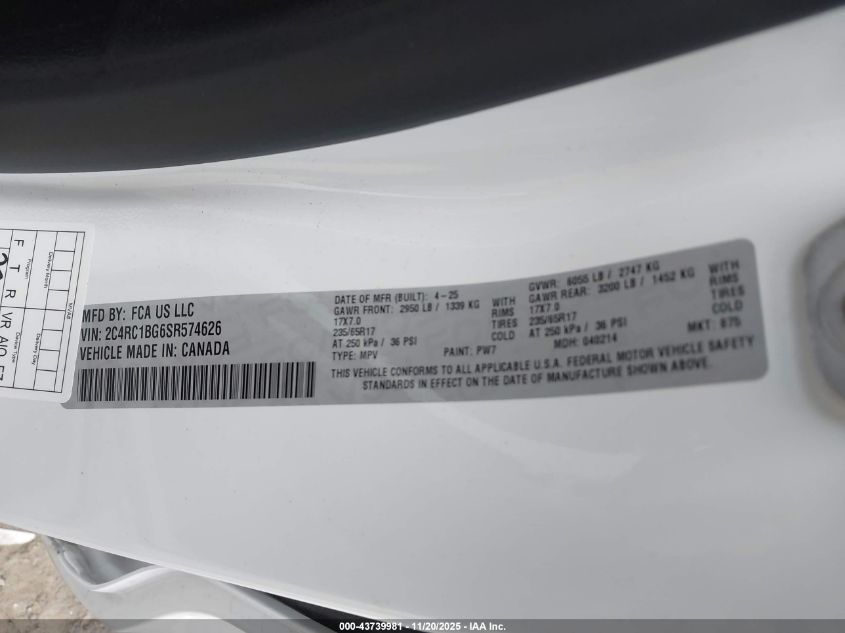2025 Chrysler Pacifica Select VIN: 2C4RC1BG6SR574626 Lot: 43739981