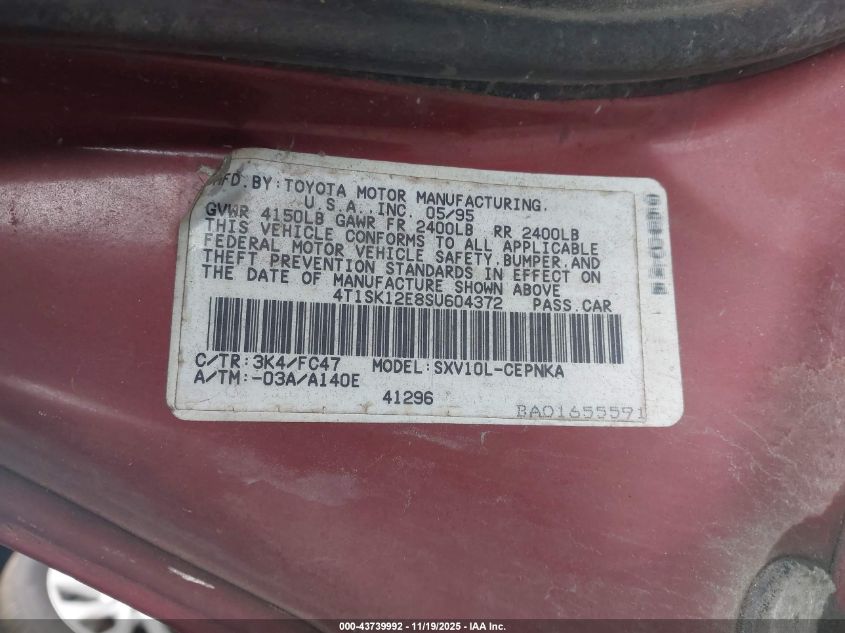 1995 Toyota Camry Le VIN: 4T1SK12E8SU604372 Lot: 43739992