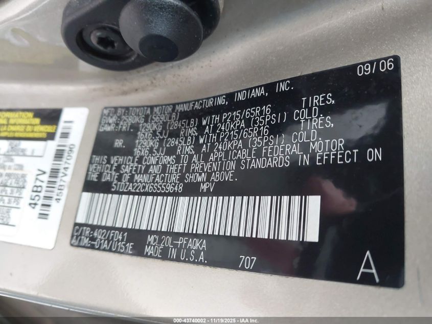 2006 Toyota Sienna Xle VIN: 5TDZA22CX6S559648 Lot: 43740002