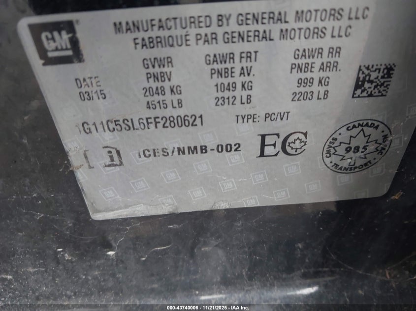 1G11C5SL6FF280621 2015 CHEVROLET MALIBU photo no. 9