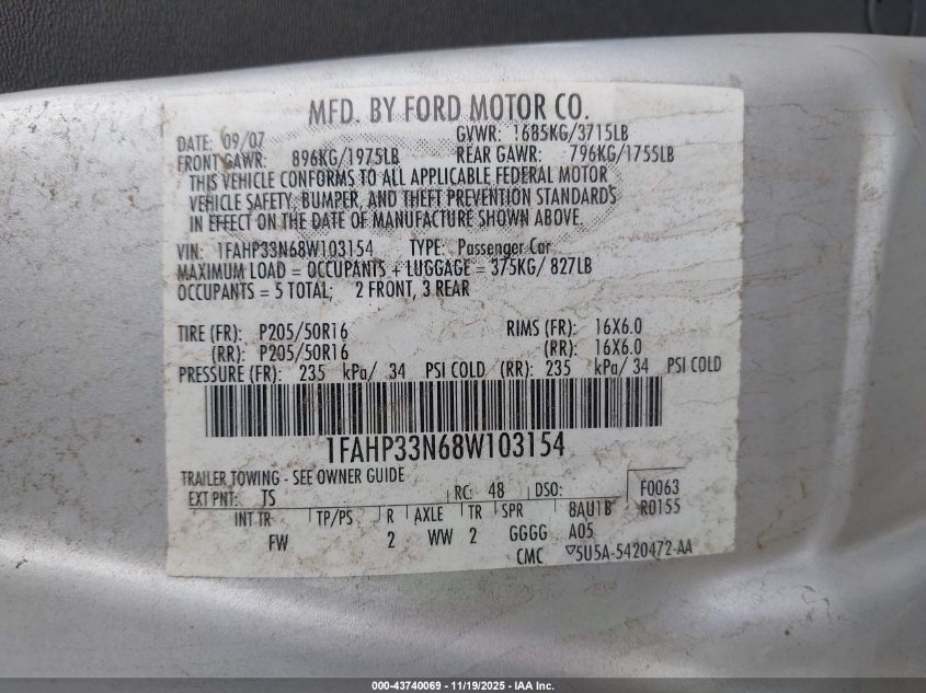 2008 Ford Focus Se/Ses VIN: 1FAHP33N68W103154 Lot: 43740069