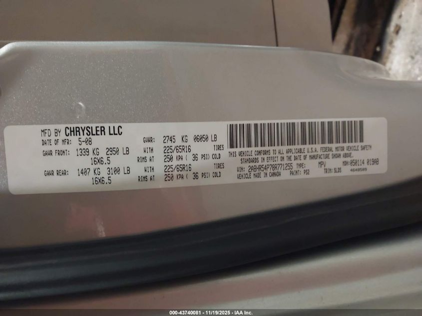 2008 Chrysler Town & Country Touring VIN: 2A8HR54P78R771255 Lot: 43740081