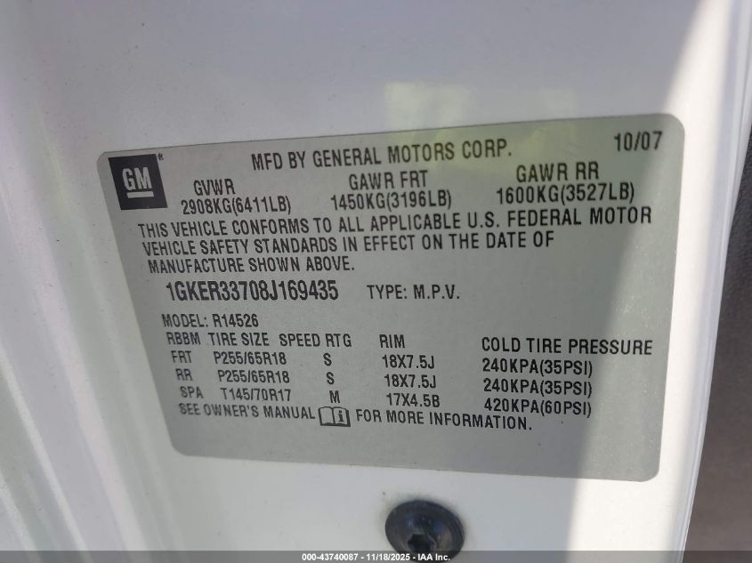 2008 GMC Acadia Slt-2 VIN: 1GKER33708J169435 Lot: 43740087