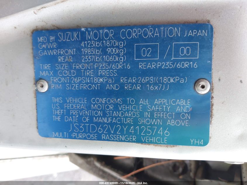 2000 Suzuki Grand Vitara Jlx/Jlx+/Limited VIN: JS3TD62V2Y4125746 Lot: 43740089