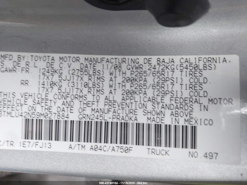 2009 Toyota Tacoma Base V6 VIN: 3TMLU42N59M027884 Lot: 43740104