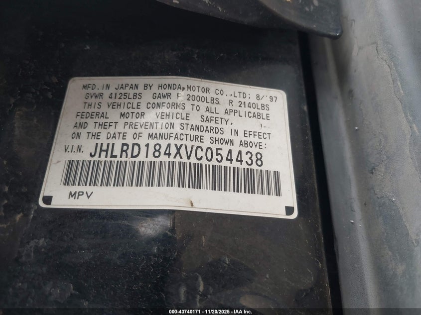 1997 Honda Cr-V VIN: JHLRD184XVC054438 Lot: 43740171
