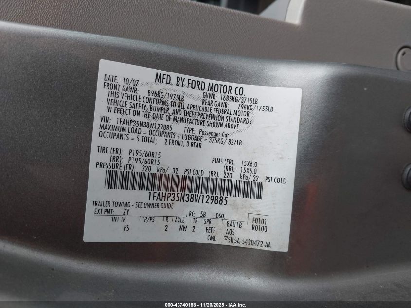 2008 Ford Focus Se/Ses VIN: 1FAHP35N38W129885 Lot: 43740188