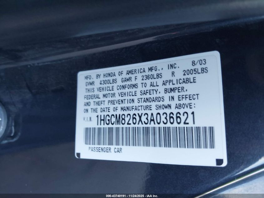 2003 Honda Accord 3.0 Ex VIN: 1HGCM826X3A036621 Lot: 43740191