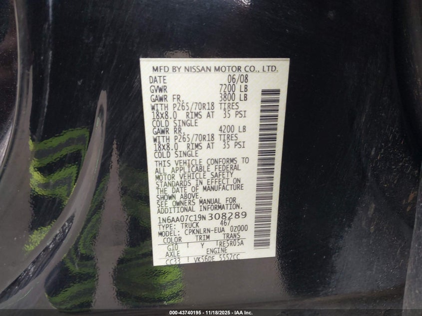 2009 Nissan Titan Xe VIN: 1N6AA07C19N308289 Lot: 43740195