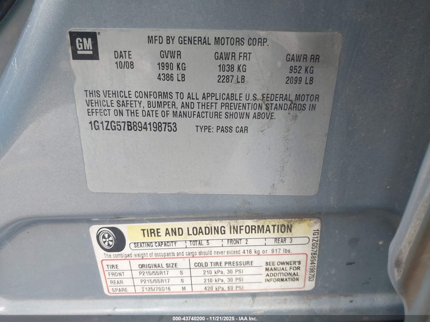 2009 Chevrolet Malibu Ls VIN: 1G1ZG57B894198753 Lot: 43740200