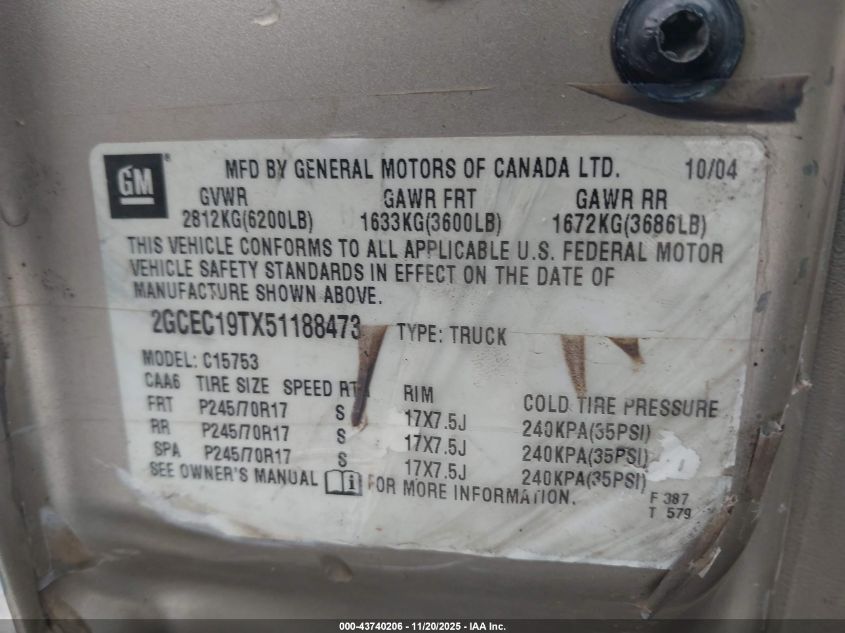2005 Chevrolet Silverado 1500 Lt VIN: 2GCEC19TX51188473 Lot: 43740206
