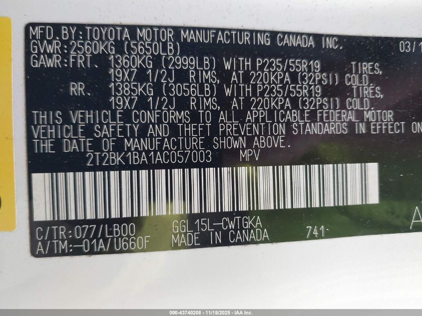 2010 Lexus Rx 350 VIN: 2T2BK1BA1AC057003 Lot: 43740208