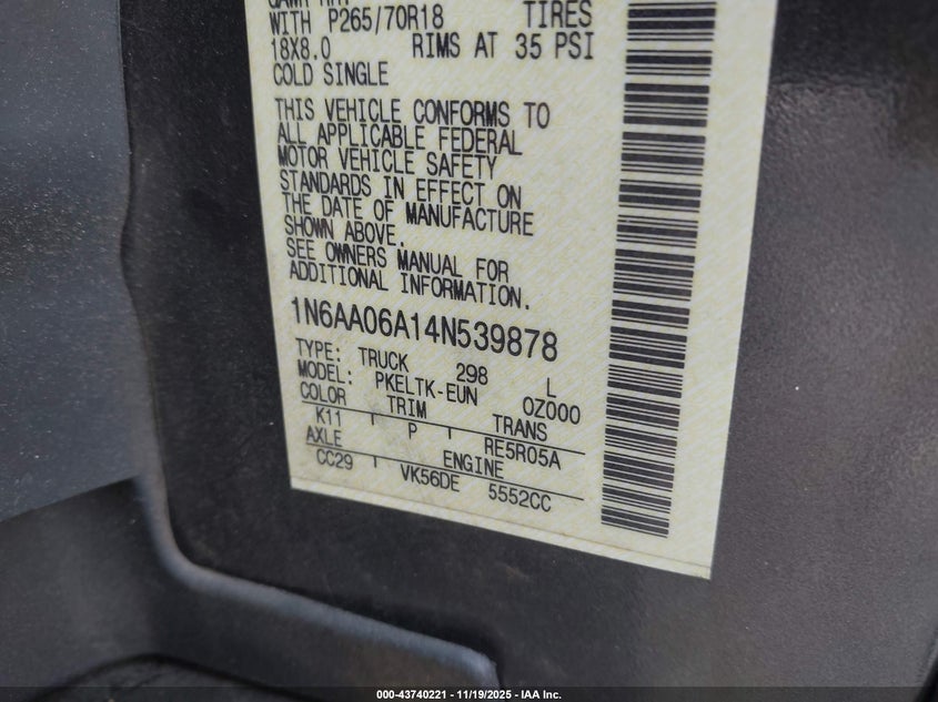 2004 Nissan Titan Se VIN: 1N6AA06A14N539878 Lot: 43740221