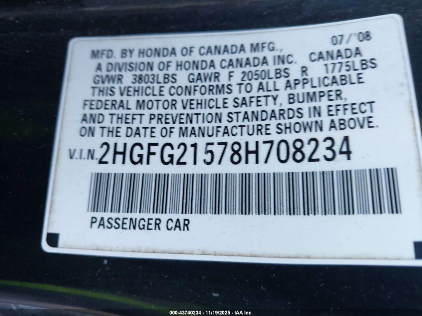 2008 Honda Civic Si VIN: 2HGFG21578H708234 Lot: 43740234