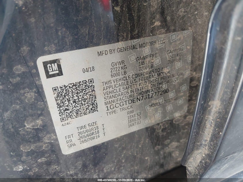 2018 Chevrolet Colorado Z71 VIN: 1GCGTDEN7J1277290 Lot: 43740235