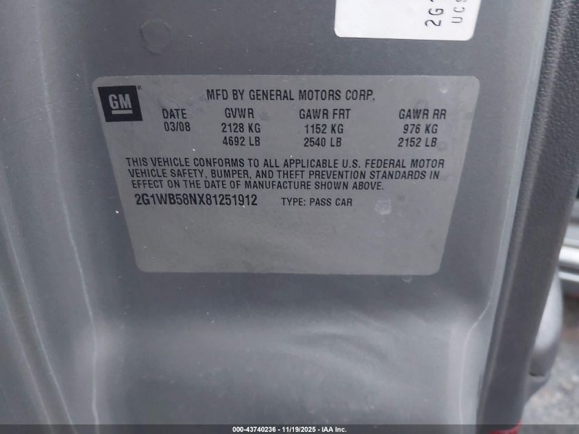 2008 Chevrolet Impala Ls VIN: 2G1WB58NX81251912 Lot: 43740236