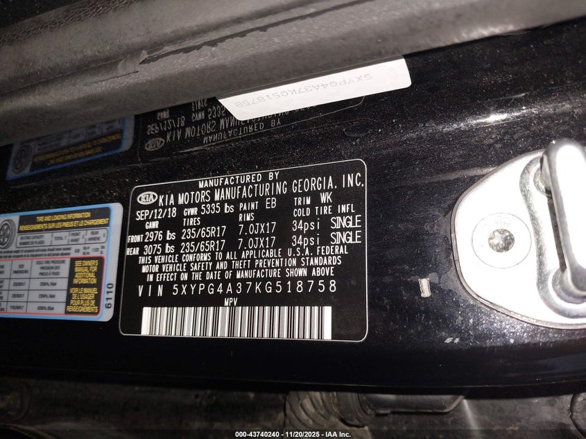 5XYPG4A37KG518758 2019 KIA SORENTO photo no. 9