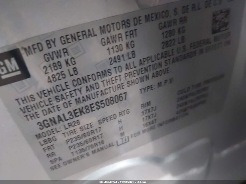 2014 Chevrolet Captiva Sport Lt VIN: 3GNAL3EK8ES508067 Lot: 43740241