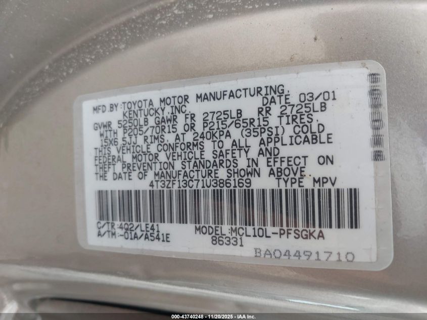 2001 Toyota Sienna Xle VIN: 4T3ZF13C71U386169 Lot: 43740248