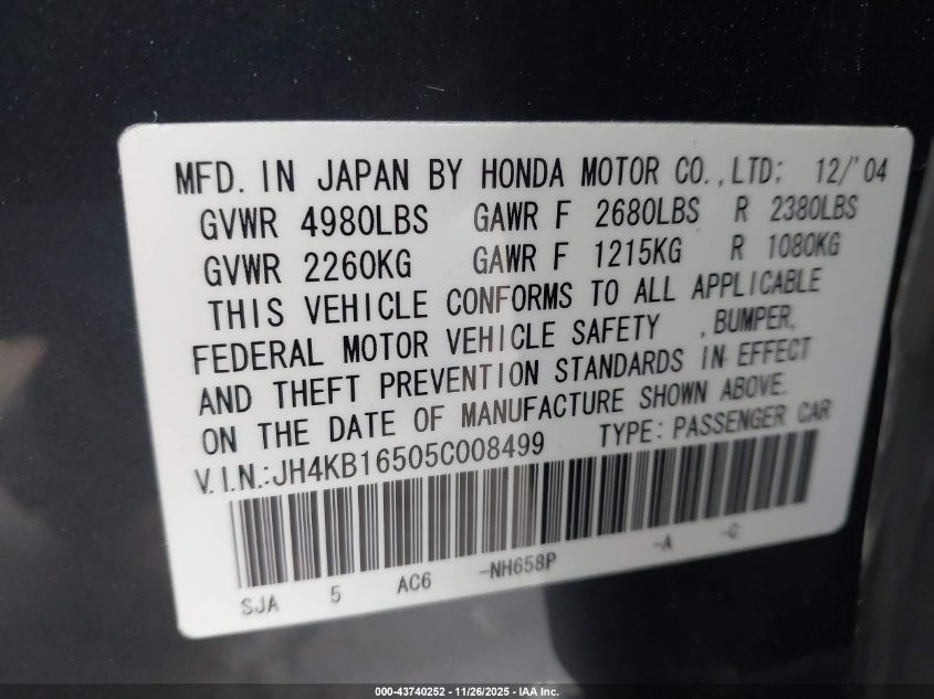 2005 Acura Rl 3.5 VIN: JH4KB16505C008499 Lot: 43740252