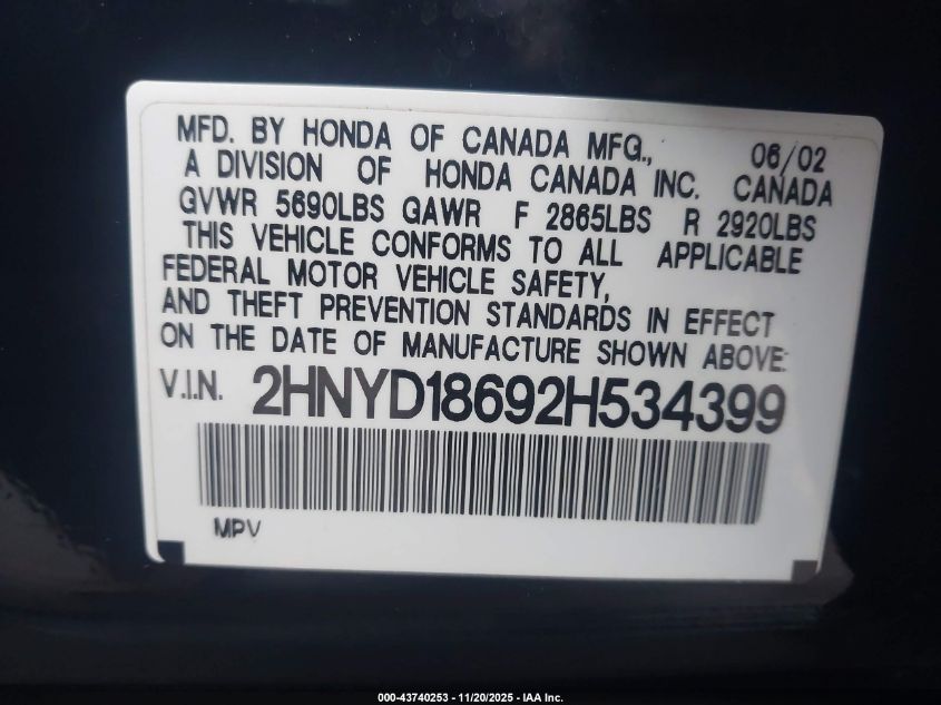 2002 Acura Mdx VIN: 2HNYD18692H534399 Lot: 43740253