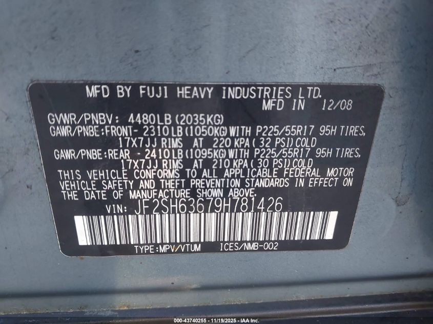 2009 Subaru Forester 2.5X VIN: JF2SH63679H781426 Lot: 43740255