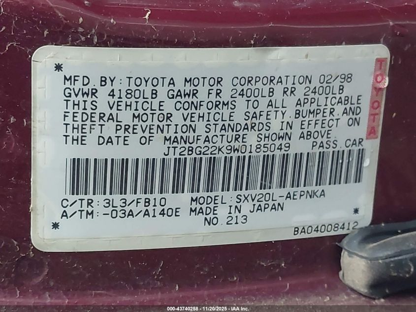 1998 Toyota Camry Le VIN: JT2BG22K9W0185049 Lot: 43740258