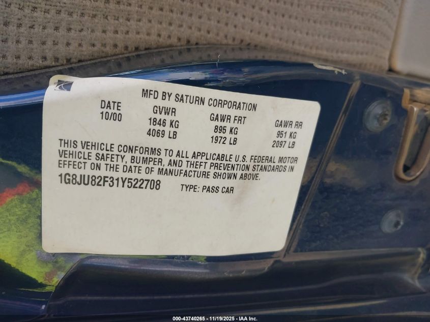 2001 Saturn Lw200 VIN: 1G8JU82F31Y522708 Lot: 43740265