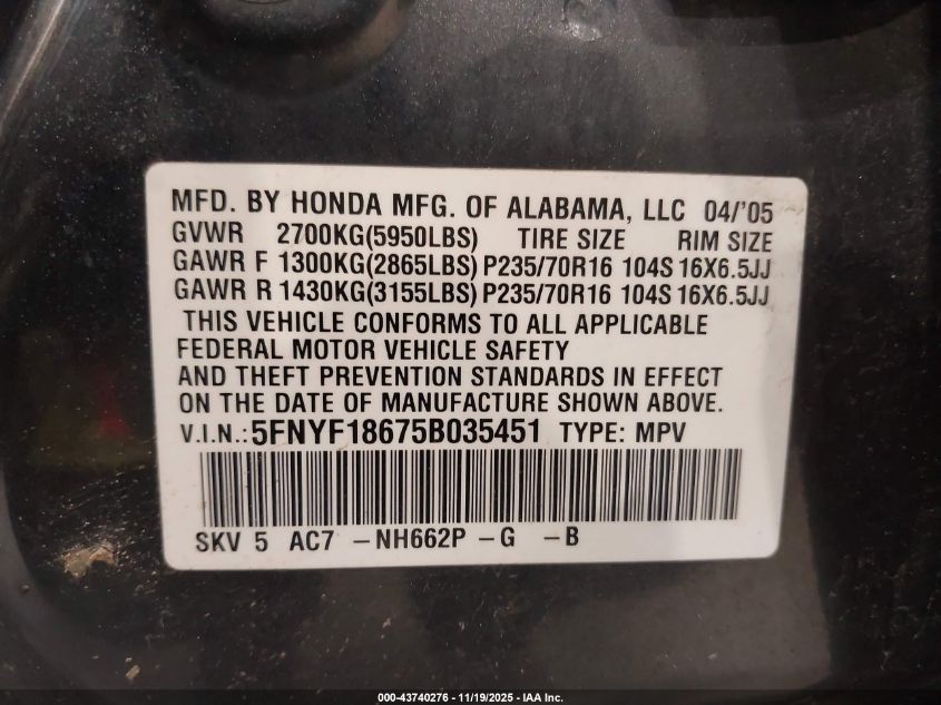 2005 Honda Pilot Ex-L VIN: 5FNYF18675B035451 Lot: 43740276