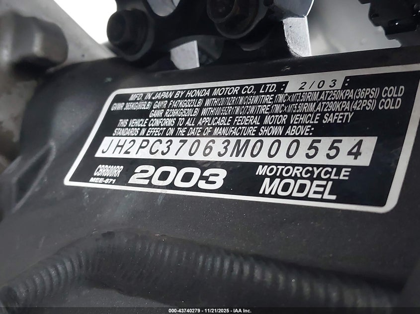 2003 Honda Cbr600 Rr VIN: JH2PC37063M000554 Lot: 43740279
