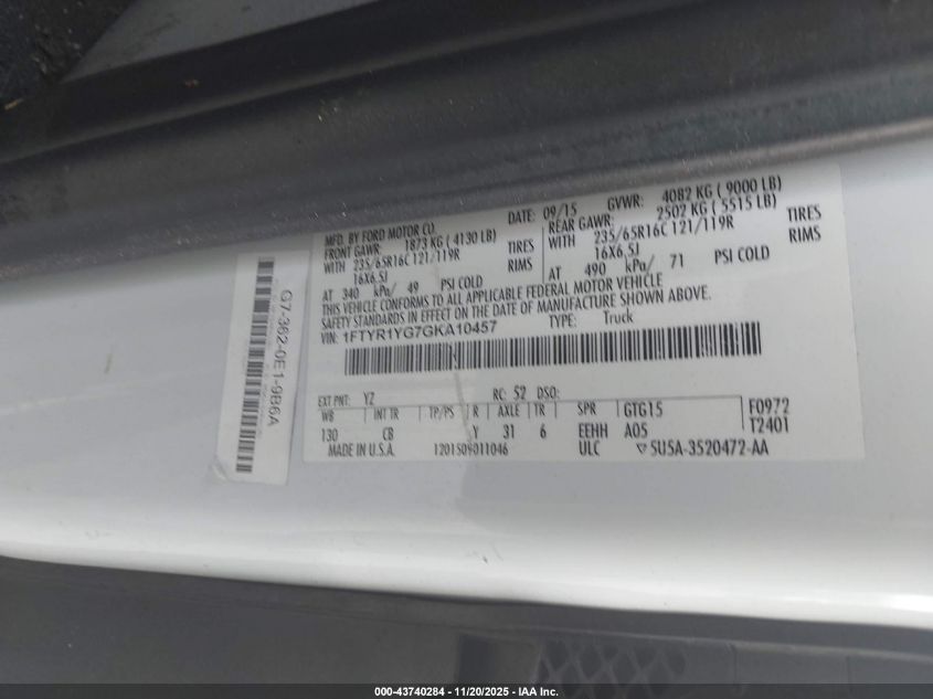 2016 Ford Transit-250 VIN: 1FTYR1YG7GKA10457 Lot: 43740284