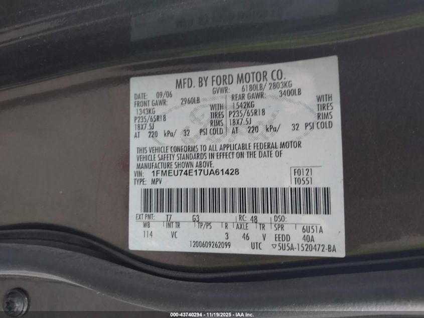 2007 Ford Explorer Eddie Bauer VIN: 1FMEU74E17UA61428 Lot: 43740294