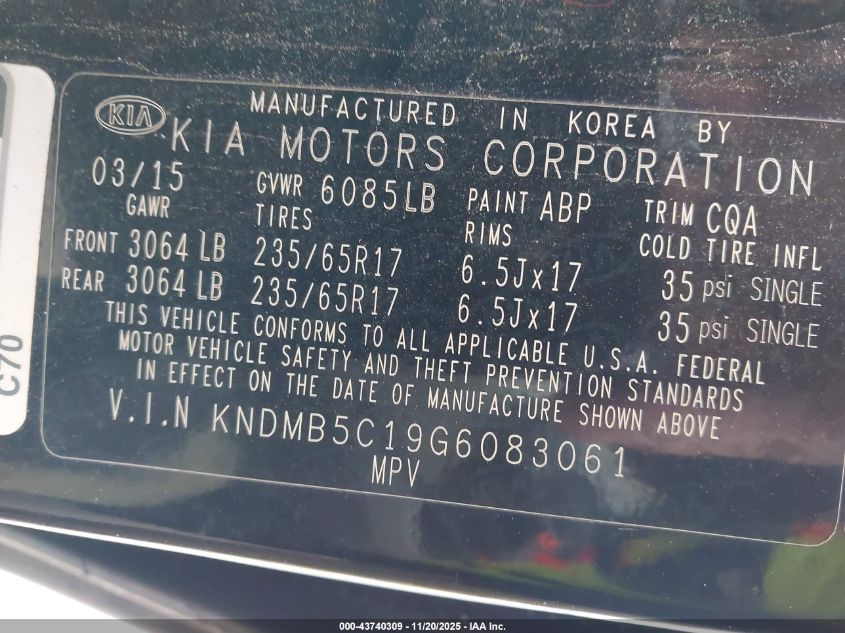 2016 Kia Sedona Lx VIN: KNDMB5C19G6083061 Lot: 43740309