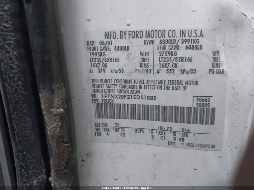 2001 Ford F-250 Lariat/Xl/Xlt VIN: 1FTNX20F21ED51885 Lot: 43740342