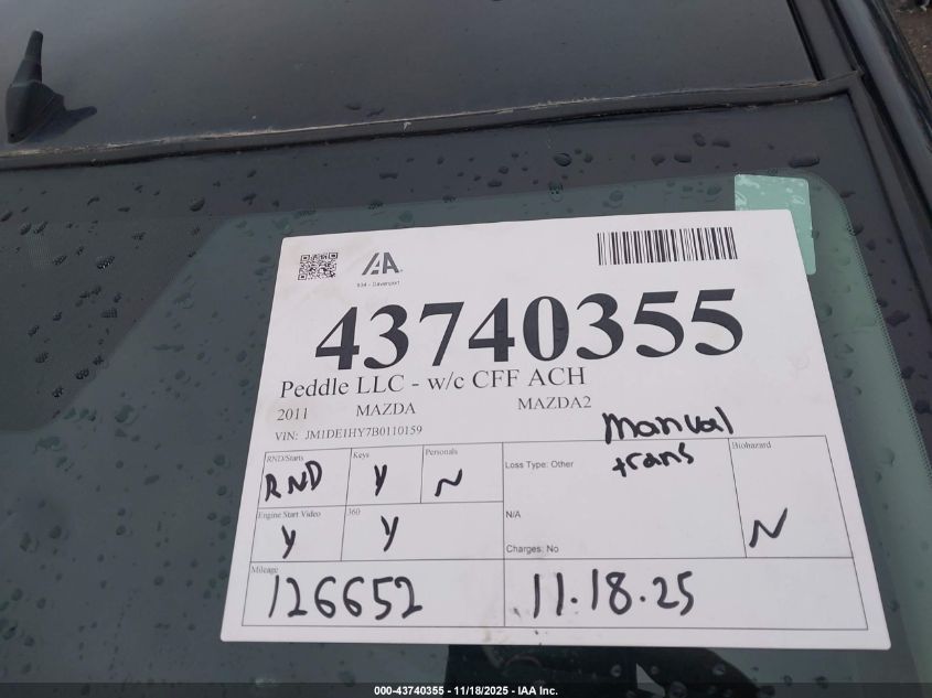 2011 Mazda Mazda2 Sport VIN: JM1DE1HY7B0110159 Lot: 43740355