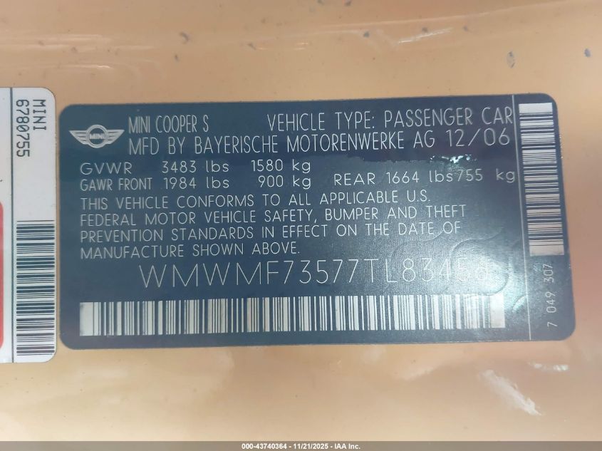 2007 Mini Cooper S VIN: WMWMF73577TL83456 Lot: 43740364