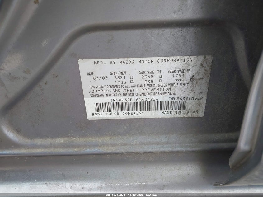 2006 Mazda Mazda3 I VIN: JM1BK32F161404224 Lot: 43740374