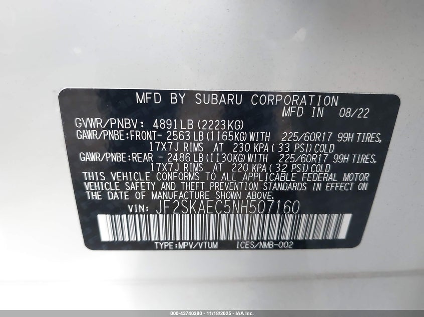 2022 Subaru Forester Premium VIN: JF2SKAEC5NH507160 Lot: 43740380