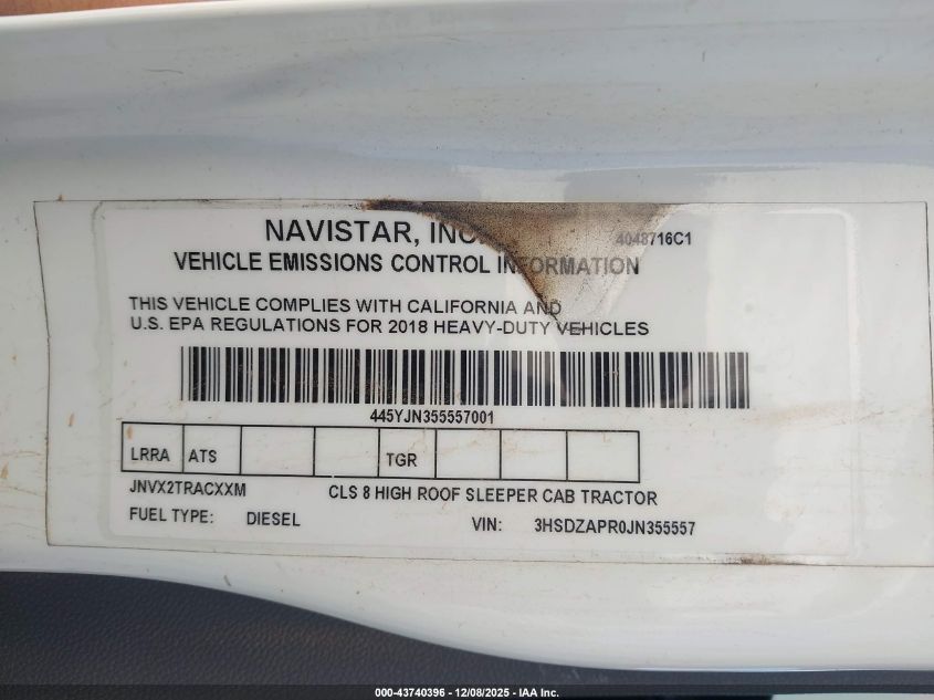 2018 International Lt VIN: 3HSDZAPR0JN355557 Lot: 43740396