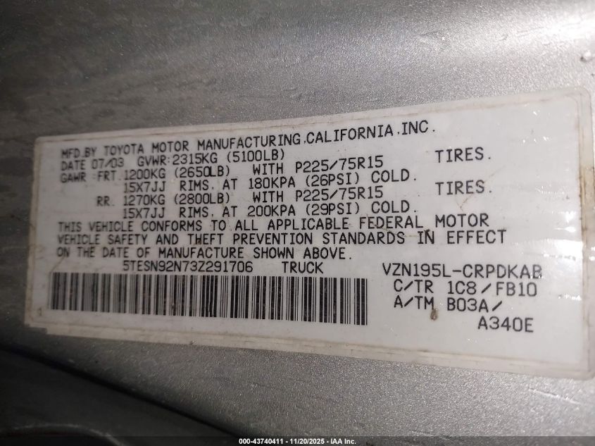 2003 Toyota Tacoma Prerunner V6 VIN: 5TESN92N73Z291706 Lot: 43740411